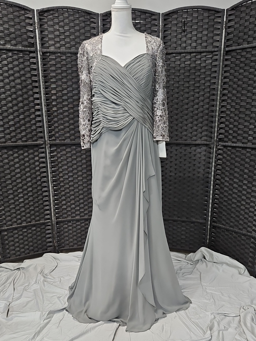 Elegant Silver Gray Draped Evening Gown with Lace Jacket